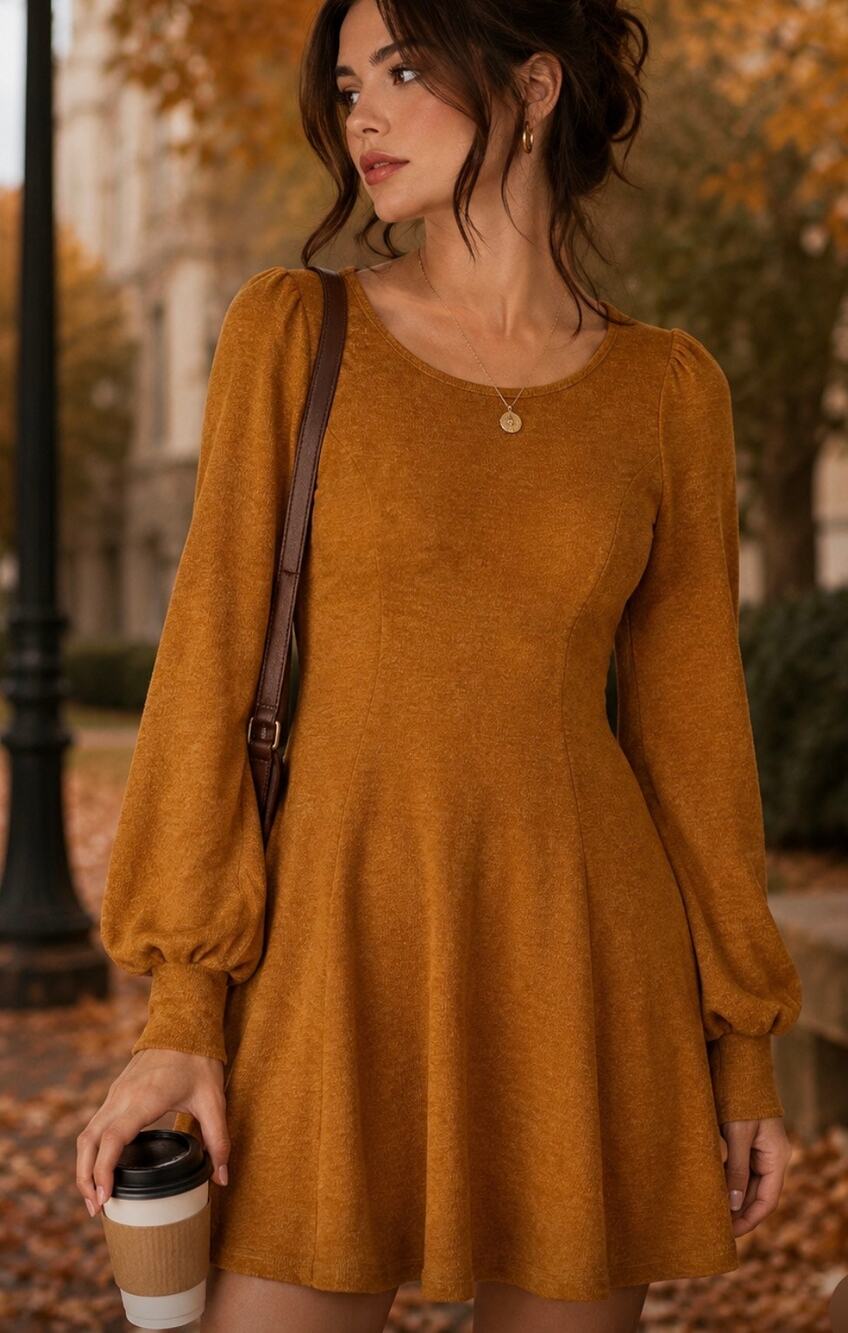 Everly skater mini dress long puff balloon sleeve fall mustard minimalist S